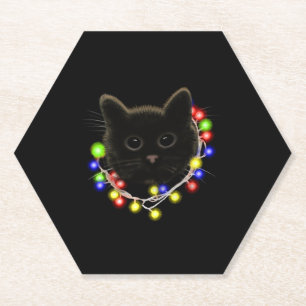 Zwarte kat met kerstverlichting kartonnen onderzetters