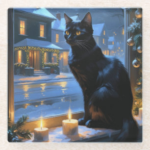 Zwarte Kat Met Kerstverlichting Vakantie Glazen Onderzetter