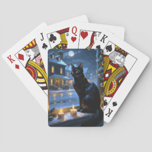 Zwarte Kat Met Kerstverlichting Vakantie Pokerkaarten
