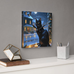 Zwarte Kat Met Kerstverlichting Vakantie Vierkante Klok