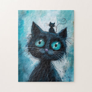 Zwarte Kat met Kleine Kat op de Kop Legpuzzel