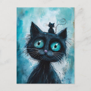 Zwarte kat met kleine kat op het hoofd briefkaart