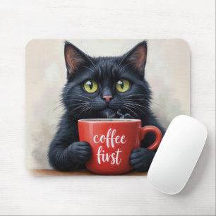 Zwarte kat met leuke koffie Mok quote Muismat
