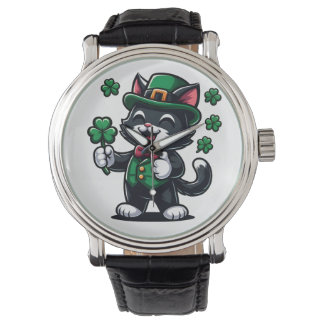 Zwarte Kat met Lucky Clover Horloge