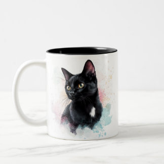 Zwarte kat met mok eigen tekst toevoegen