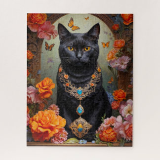 Zwarte kat met mooie sieraden en bloemen legpuzzel