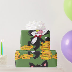 Zwarte Kat Met Munten Schattig Geld Karakter Cadeaupapier