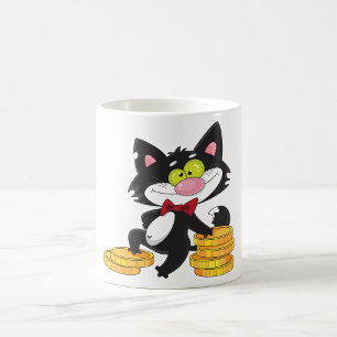 Zwarte Kat Met Munten Schattig Geld Karakter Koffiemok