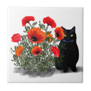 Zwarte kat met papaver tegeltje