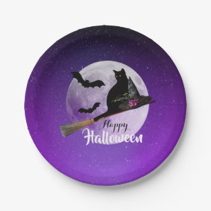 Zwarte kat met pet die op heksenbezem Halloween Papieren Bordje
