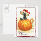 Zwarte kat met Pet  Halloween Briefkaart (Voorkant / Achterkant)