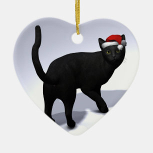Zwarte kat met Pet van de kerstman Keramisch Ornament