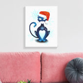 Zwarte kat met Pet van Santa Canvas Afdruk (Insitu (Woonkamer))