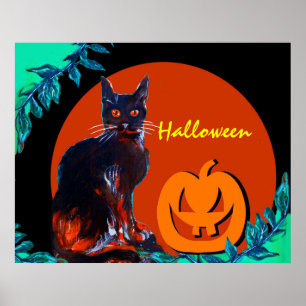 ZWARTE KAT MET POMPOEN IN HALLOWEEN NACHT POSTER