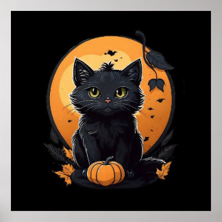 Zwarte kat met pompoen poster
