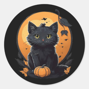 Zwarte kat met pompoen ronde sticker