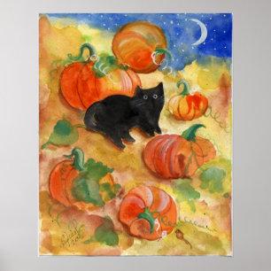 Zwarte kat met pompoenen poster