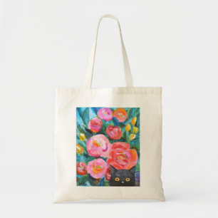 Zwarte kat met prachtige bloemen unieke kat kunst tote bag