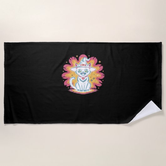 Zwarte kat met psychedelische bloem Oversized T-Sh Strandlaken (Voorkant)