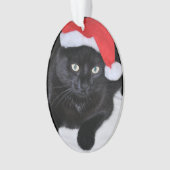 Zwarte kat met rode kersthat ornament (voorkant)