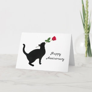 Zwarte kat met rode roos Jubileum Kaart