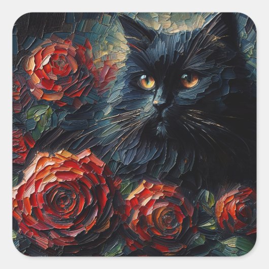 Zwarte kat met rode rozen kunst vierkante sticker (Voorkant)