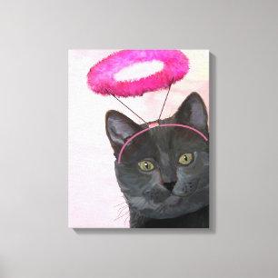 Zwarte kat met roze engel halo canvas afdruk