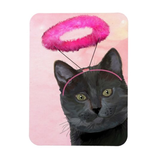 Zwarte kat met roze engel halo magneet (Verticaal)