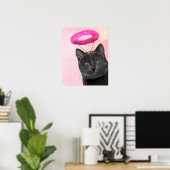 Zwarte kat met roze engel halo poster (Thuiskantoor)