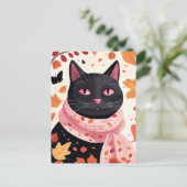 Zwarte kat met roze ogen die een sjaal draagt briefkaart (Staand voorkant)