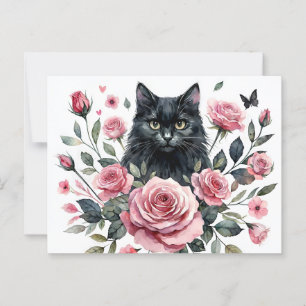 Zwarte Kat met Roze Rozen Aquarel Ansichtkaart Briefkaart