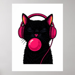 Zwarte Kat met Roze Telefoonhoofd – Grappig Minima Poster