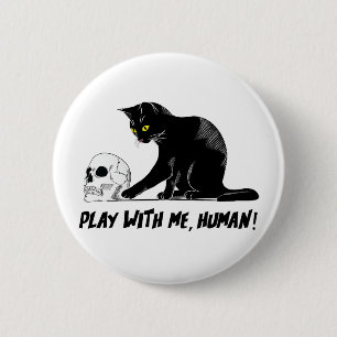 Zwarte kat met schedel spelen met me menselijke kr ronde button 5,7 cm