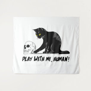 Zwarte kat met schedel spelen met me menselijke kr wandkleed