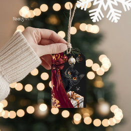 Zwarte Kat met Sfeer Elegante Kerstcadeaubijlage Cadeaulabel