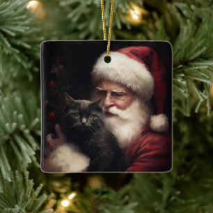 Zwarte kat met sinterklaas feestelijke kerst keramisch ornament