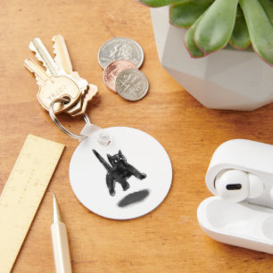 Zwarte Kat met Staart Potlood Kunst Sleutelhanger