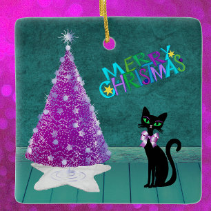 Zwarte Kat met Strik door Roze Kerstboom Turquoise Keramisch Ornament