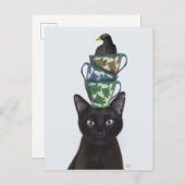 Zwarte Kat met Teacups en Blackbird Briefkaart (Voorkant / Achterkant)
