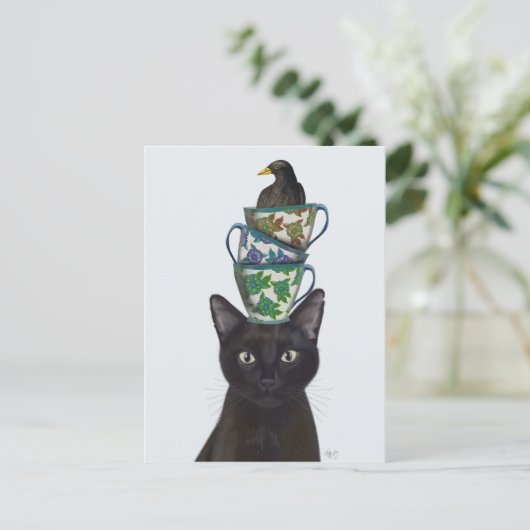 Zwarte Kat met Teacups en Blackbird Briefkaart (Staand voorkant)