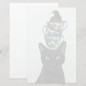Zwarte Kat met Teacups en Blackbird Briefpapier (Voorkant / Achterkant)