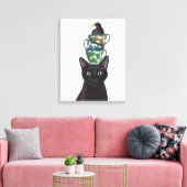 Zwarte Kat met Teacups en Blackbird Canvas Afdruk (Insitu (Woonkamer))