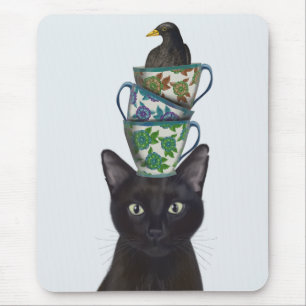 Zwarte Kat met Teacups en Blackbird Muismat