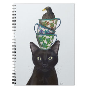 Zwarte Kat met Teacups en Blackbird Notitieboek