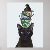 Zwarte Kat met Teacups en Blackbird
