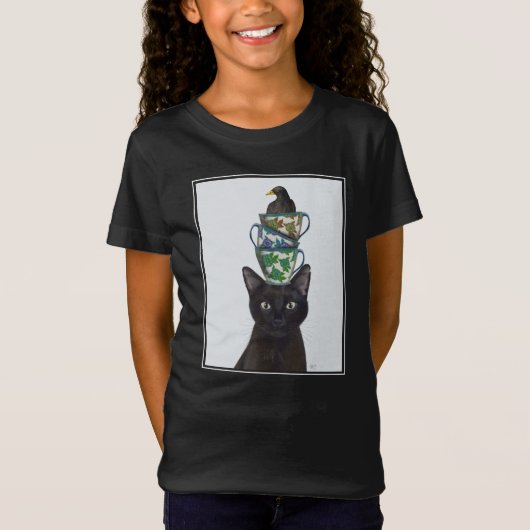 Zwarte Kat met Teacups en Blackbird T-shirt (Voorkant)