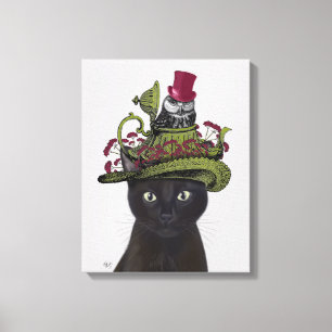 Zwarte Kat met theepot en kippen 2 Canvas Afdruk