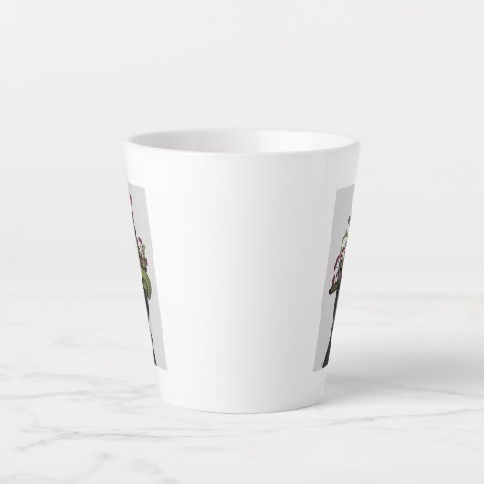 Zwarte kat met theepot en kippen latte mok (Voorkant)