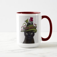 Zwarte kat met theepot en kippen
