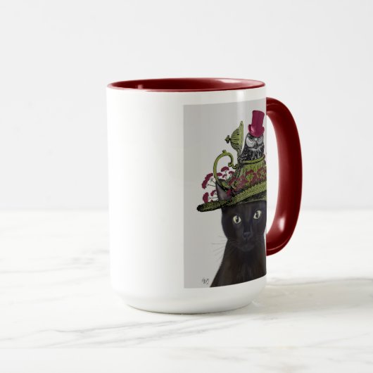 Zwarte kat met theepot en kippen mok (Voorkant rechts)